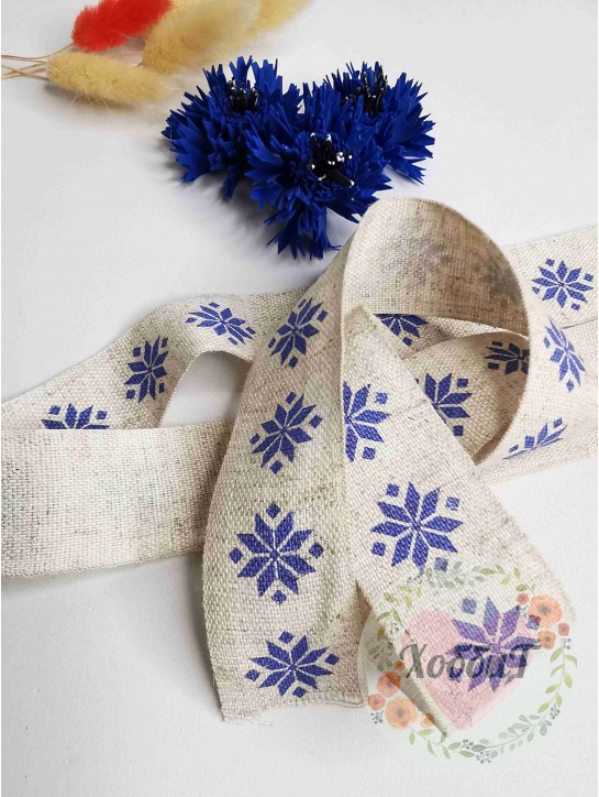 Лента отделочная Лён бел. орнамент 30мм. (лён/синий), Р.90953П